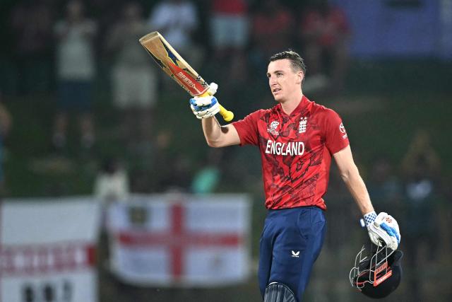 England captain Harry Brook celebrates his century (100 runs) during the 2026 ICC Men's T20 Cricket World Cup Super Eights match between England and Pakistan at the Pallekele International Cricket Stadium in Kandy on February 24, 2026. (Photo by Dibyangshu SARKAR / AFP)