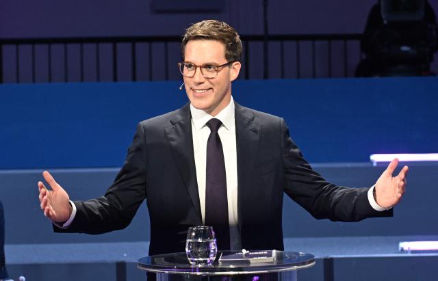 Manuel Hagel, top candidate of Christian Democratic Union (CDU) gesture prior to the start of a TV debate of the parties' top candidates in the upcoming State election in Baden-Wuerttemberg in Stuttgart, southern Germany, on February 24, 2026. State elections are set to take place on March 8, 2026 in Baden-Wuerttemberg. (Photo by THOMAS KIENZLE / AFP)