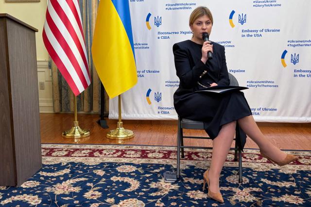 Ukraine Ambassador to the United States Olha Stefanishyna speaks at the Ukraine Embassy in Washington, DC, on February 24, 2026. February 24, 2026 marks the fourth anniversary of Russia's war against Ukraine. (Photo by Maria DANILOVA / AFP)