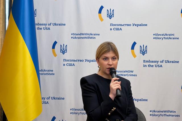 Ukraine Ambassador to the United States Olha Stefanishyna speaks at the Ukraine Embassy in Washington, DC, on February 24, 2026. February 24, 2026 marks the fourth anniversary of Russia's war against Ukraine. (Photo by Maria DANILOVA / AFP)