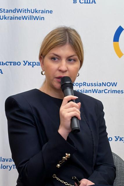 Ukraine Ambassador to the United States Olha Stefanishyna speaks at the Ukraine Embassy in Washington, DC, on February 24, 2026. February 24, 2026 marks the fourth anniversary of Russia's war against Ukraine. (Photo by Maria DANILOVA / AFP)
