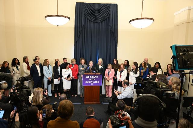 US Representative Jamie Raskin, Democrat from Maryland, speaks during a press conference with survivors of convicted sex offender Jeffrey Epstein, held by the Democratic Women's Caucus on Capitol Hill ahead of the State of the Union address by President Donald Trump in Washington, DC, on February 24, 2026. (Photo by Alex WROBLEWSKI / AFP)