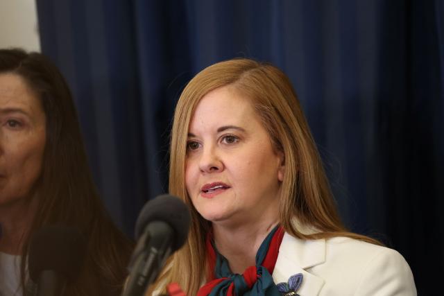 Survivor Liz Stein speaks during a press conference for survivors of Jeffrey Epstein held by the Democratic Women's Caucus in advance of US President Donald Trump's State of the Union address in the Cannon Office Building on Capitol Hill in Washington, DC, on February 24, 2026. (Photo by Alex Wroblewski / AFP)