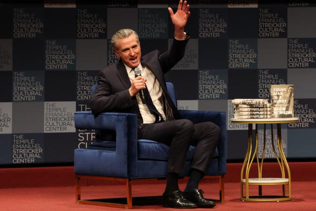 California Governor Gavin Newsom speaks to promote his book, "Young Man in a Hurry" at the Streicker Cultural Center, in New York, on February 24, 2026. (Photo by TIMOTHY A. CLARY / AFP)