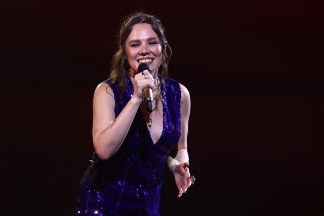 Mexican singer Jesse Huerta, of pop duo Jesse & Joy, performs on stage during the 65th Vina del Mar International Song Festival in Vina del Mar, Chile, on February 24, 2026. (Photo by Javier TORRES / AFP)