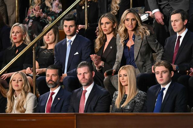 (Front row, L/R) Tiffany Trump, Donald Trump Jr., Eric Trump, Ivanka Trump, and Baron Trump look on before the arrival of President Donald Trump for the State of the Union address in the House Chamber of the US Capitol in Washington, DC, on February 24, 2026. (Photo by ANDREW CABALLERO-REYNOLDS / AFP)