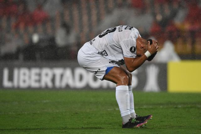 Liverpool's defender #23 Enzo Castillo reacts after missing a scoring opportunity during the Copa Libertadores phase two second-leg football match between Colombia's Independiente Medellin and Uruguay's Liverpool at the Atanasio Girardot Stadium in Medellin, Colombia, on February 24, 2026. (Photo by Jaime SALDARRIAGA / AFP)