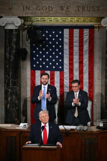 US President Donald Trump delivers the State of the Union address in the House Chamber of the US Capitol in Washington, DC, on February 24, 2026. (Photo by ANDREW CABALLERO-REYNOLDS / AFP)