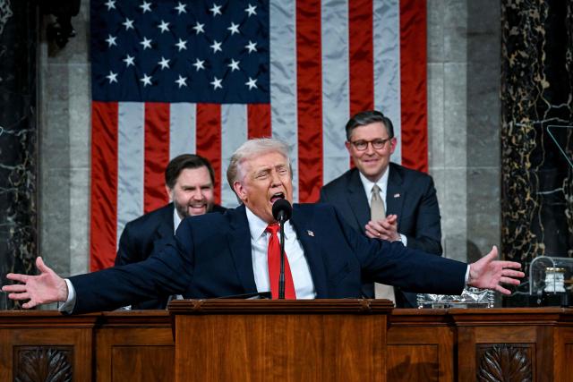 TOPSHOT - US President Donald Trump delivers the first State of the Union address of his second term to a joint session of Congress in the House Chamber of the United States Capitol in Washington, DC, on February 24, 2026. (Photo by Kenny HOLSTON / POOL / AFP)