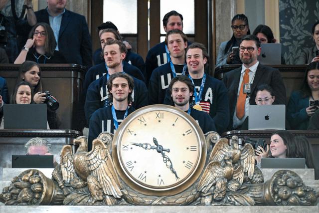 Members of the United States Olympic Men’s Ice Hockey Teamare seen in the gallery as President Donald J. Trump delivers the first State of the Union address of his second term to a joint session of Congress in the House Chamber of the United States Capitol in Washington, DC, on February 24, 2026. (Photo by Kenny HOLSTON / POOL / AFP)