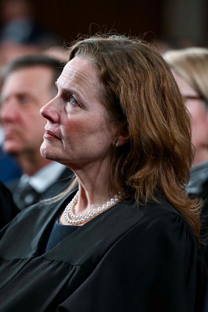 US Supreme Court Justice Amy Coney Barrett watches as President Donald Trump delivers the first State of the Union address of his second term to a joint session of Congress in the House Chamber of the United States Capitol in Washington, DC, on February 24, 2026. (Photo by Kenny HOLSTON / POOL / AFP)
