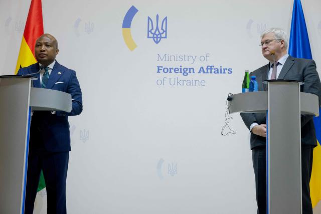 Ukraine's Minister of Foreign Affairs Andrii Sybiga (R) and Republic of Ghana's Minister of Foreign Affairs Samuel Okudzeto Ablakwa (L) hold a press conference in Kyiv on February 25, 2026, amid the Russian invasion of Ukraine. (Photo by Tetiana DZHAFAROVA / AFP)