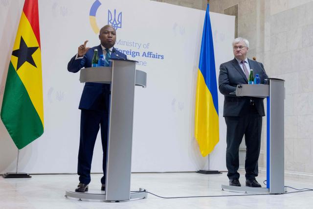 Ukraine's Minister of Foreign Affairs Andrii Sybiga (R) addresses the audience next to Republic of Ghana's Minister of Foreign Affairs Samuel Okudzeto Ablakwa (L) during a press conference in Kyiv on February 25, 2026, amid the Russian invasion of Ukraine. (Photo by Tetiana DZHAFAROVA / AFP)