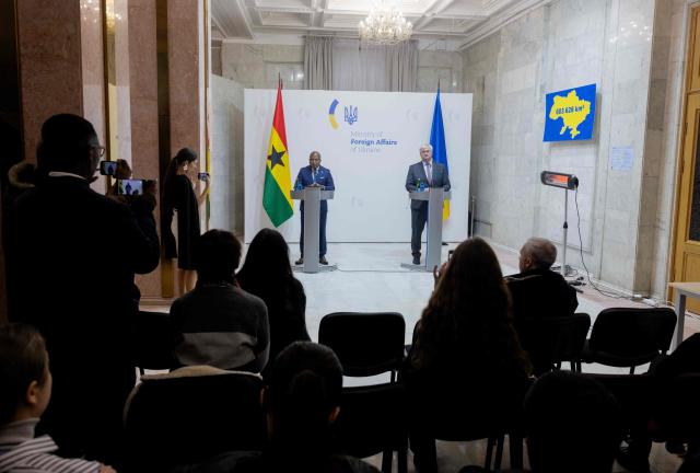 Ukraine's Minister of Foreign Affairs Andrii Sybiga (R) and Republic of Ghana's Minister of Foreign Affairs Samuel Okudzeto Ablakwa (L) hold a press conference in Kyiv on February 25, 2026, amid the Russian invasion of Ukraine. (Photo by Tetiana DZHAFAROVA / AFP)
