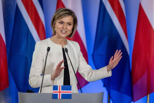 Iceland's Prime Minister Kristrun Frostadottir attends a joint press conference with Poland's Prime Minister (not in picture) following talks in Warsaw on February 25, 2026. (Photo by Wojtek RADWANSKI / AFP)