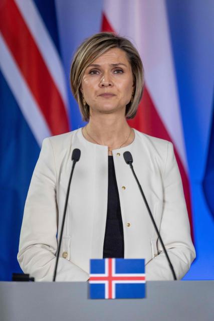 Iceland's Prime Minister Kristrun Frostadottir attends a joint press conference with Poland's Prime Minister (not in picture) following talks in Warsaw on February 25, 2026. (Photo by Wojtek RADWANSKI / AFP)