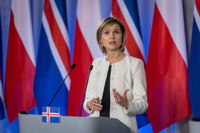 Iceland's Prime Minister Kristrun Frostadottir attends a joint press conference with Poland's Prime Minister (not in picture) following talks in Warsaw on February 25, 2026. (Photo by Wojtek RADWANSKI / AFP)