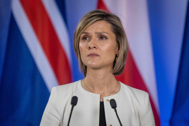 Iceland's Prime Minister Kristrun Frostadottir attends a joint press conference with Poland's Prime Minister (not in picture) following talks in Warsaw on February 25, 2026. (Photo by Wojtek RADWANSKI / AFP)