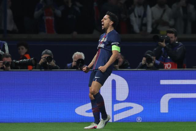 Paris Saint-Germain's Brazilian defender #05 Marquinhos celebrates after scoring Paris Saint-Germain's first goal during the UEFA Champions League play-off second leg football match between Paris Saint-Germain (PSG) and AS Monaco at the Parc des Princes stadium in Paris on February 25, 2026. (Photo by Thomas SAMSON / AFP)
