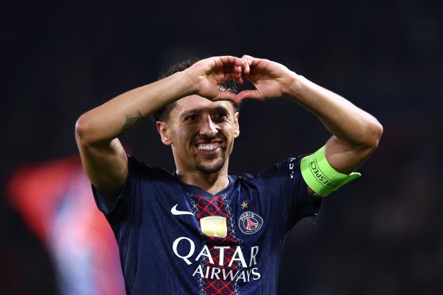 Paris Saint-Germain's Brazilian defender #05 Marquinhos celebrates after scoring Paris Saint-Germain's first goal during the UEFA Champions League play-off second leg football match between Paris Saint-Germain (PSG) and AS Monaco at the Parc des Princes stadium in Paris on February 25, 2026. (Photo by FRANCK FIFE / AFP)