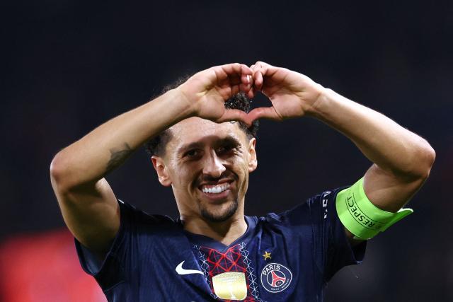Paris Saint-Germain's Brazilian defender #05 Marquinhos celebrates after scoring Paris Saint-Germain's first goal during the UEFA Champions League play-off second leg football match between Paris Saint-Germain (PSG) and AS Monaco at the Parc des Princes stadium in Paris on February 25, 2026. (Photo by FRANCK FIFE / AFP)