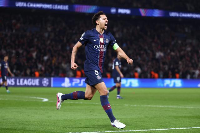 Paris Saint-Germain's Brazilian defender #05 Marquinhos celebrates after scoring Paris Saint-Germain's first goal during the UEFA Champions League play-off second leg football match between Paris Saint-Germain (PSG) and AS Monaco at the Parc des Princes stadium in Paris on February 25, 2026. (Photo by FRANCK FIFE / AFP)