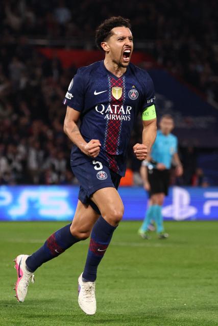 Paris Saint-Germain's Brazilian defender #05 Marquinhos celebrates after scoring Paris Saint-Germain's first goal during the UEFA Champions League play-off second leg football match between Paris Saint-Germain (PSG) and AS Monaco at the Parc des Princes stadium in Paris on February 25, 2026. (Photo by FRANCK FIFE / AFP)