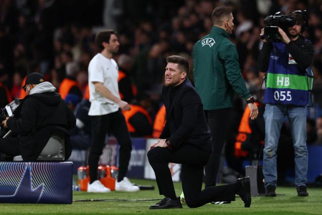 Monaco's Belgian head coach Sebastien Pocognoli reacts after losing  the UEFA Champions League play-off second leg football match between Paris Saint-Germain (PSG) and AS Monaco at the Parc des Princes stadium in Paris on February 25, 2026. (Photo by FRANCK FIFE / AFP)