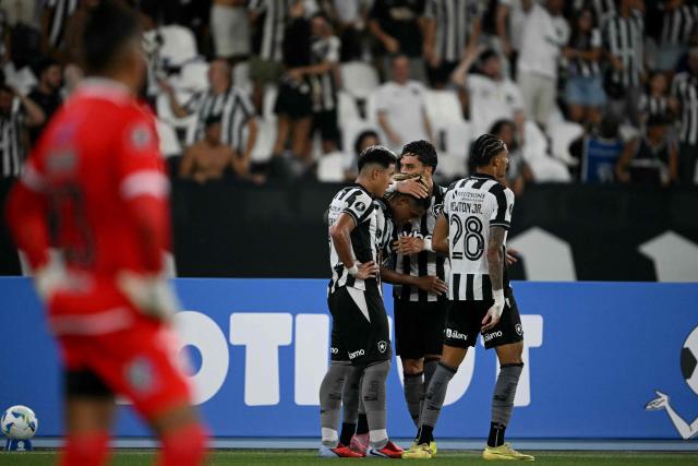 Botafogo's midfielder #08 Danilo (2nd-L) celebrates with teammates after scoring his team's second goal during the Copa Libertadores phase two second-leg football match between Brazil's Botafogo and Bolivia's Nacional Potosi at the Nilton Santos Stadium in Rio de Janeiro, Brazil, on February 25, 2026. (Photo by Mauro PIMENTEL / AFP)