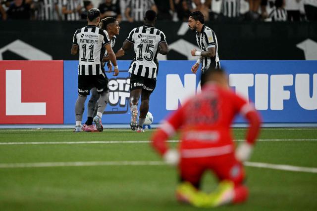 Botafogo's midfielder #08 Danilo (2nd-L) celebrates with teammates after scoring his team's second goal during the Copa Libertadores phase two second-leg football match between Brazil's Botafogo and Bolivia's Nacional Potosi at the Nilton Santos Stadium in Rio de Janeiro, Brazil, on February 25, 2026. (Photo by Mauro PIMENTEL / AFP)