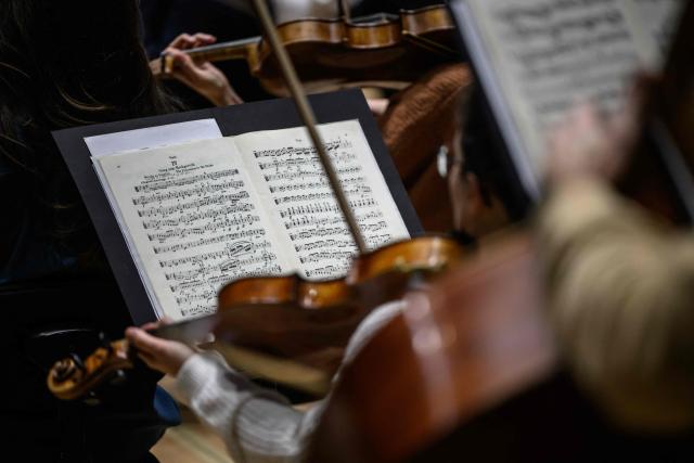 A musician performs as psychiatric patients suffering from depression, bipolar disorder, schizophrenia, or personality disorders attend rehearsals of the Toulouse orchestra as part of the 'Résonance(s)' project to promote their recovery, at the Halle aux Grains theatre in Toulouse Southwestern France on February 10, 2026. The project was launched in 2023 through a partnership between the renowned Orchestre National du Capitole and several mental health institutions in the region. Its aim, in the face of conditions that can trap patients in a negative self-image, is to allow them to attend four rehearsals a year to initiate a process of reconnecting with others and the outside world, and simply to promote their recovery. (Photo by Ed JONES / AFP) / TO GO WITH AFP STORY BY Valentin GRAFF