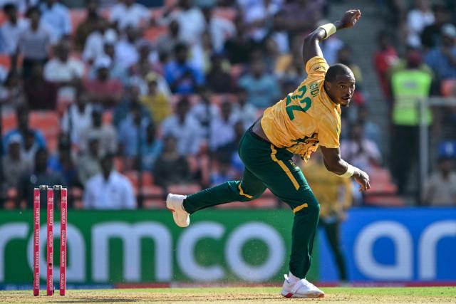 South Africa's Lungi Ngidi reacts after a delivery during the 2026 ICC Men's T20 Cricket World Cup Super Eights match between West Indies and South Africa at Narendra Modi Stadium in Ahmedabad on February 26, 2026. (Photo by Indranil MUKHERJEE / AFP)