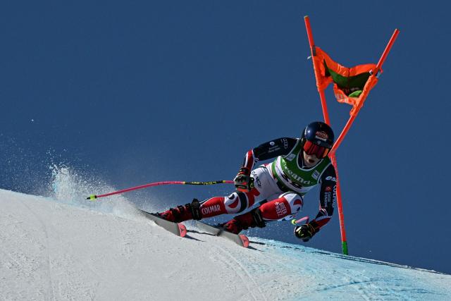 France's Camille Cerutti takes part in the Women Downhill training during the Soldeu 2026 FIS Alpine World Ski Championships in Soldeu on February 26, 2026. (Photo by Lionel BONAVENTURE / AFP)