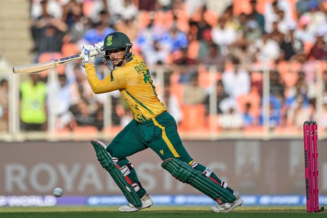 South Africa's Quinton de Kock plays a shot during the 2026 ICC Men's T20 Cricket World Cup Super Eights match between West Indies and South Africa at Narendra Modi Stadium in Ahmedabad on February 26, 2026. (Photo by Shammi MEHRA / AFP)