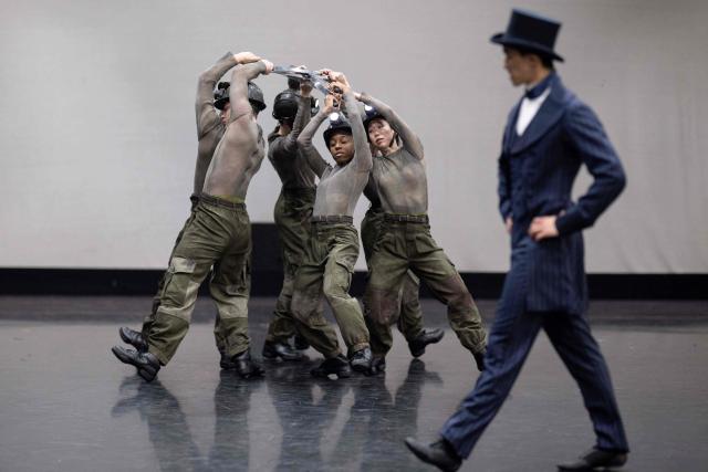 Ballet dancers take part in a full dress rehearsal of a production of "Gentleman Jack" in a rehearsal room of the Northern Ballet's headquarters in Leeds, northern England on February 24, 2026. Based on her diaries which were decoded after her death, "Gentleman Jack" portrays the life of the 19th century landowner and industrialist Anne Lister, who has been described as the  "first modern lesbian". The world premiere of the ballet takes place in Leeds on March 7. (Photo by Oli SCARFF / AFP)