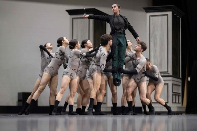Ballet dancer Gemma Coutts (top), playing Anne 'Gentleman Jack' Lister, takes part in a full dress rehearsal of a production of "Gentleman Jack" in a rehearsal room of the Northern Ballet's headquarters in Leeds, northern England on February 24, 2026. Based on her diaries which were decoded after her death, "Gentleman Jack" portrays the life of the 19th century landowner and industrialist Anne Lister, who has been described as the  "first modern lesbian". The world premiere of the ballet takes place in Leeds on March 7. (Photo by Oli SCARFF / AFP)