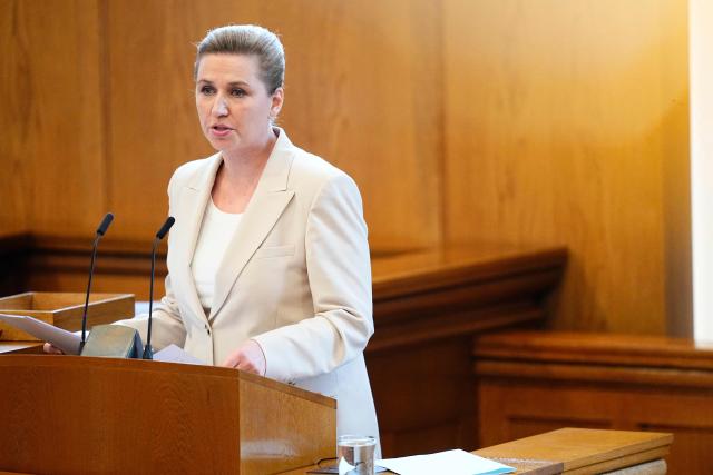 Danish Prime Minister Mette Frederiksen calls for parliamentary election in the Parliament Hall at Christiansborg in Copenhagen, Denmark, on February 26, 2026. The general election is to take place on March 24, 2026. (Photo by Thomas Traasdahl / Ritzau Scanpix / AFP) / Denmark OUT