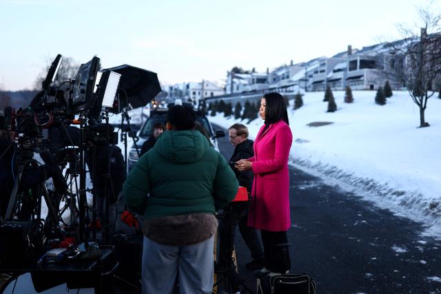 A television crew operates in front of The Chappaqua Performing Arts Center in Chappaqua, New York on February 26, 2026, ahead of the depositions of Hillary and Bill Clinton. Former US secretary of state Hillary Clinton is to testify behind closed doors before a congressional committee investigating the late convicted sex offender Jeffrey Epstein and his accomplice Ghislaine Maxwell. (Photo by CHARLY TRIBALLEAU / AFP)
