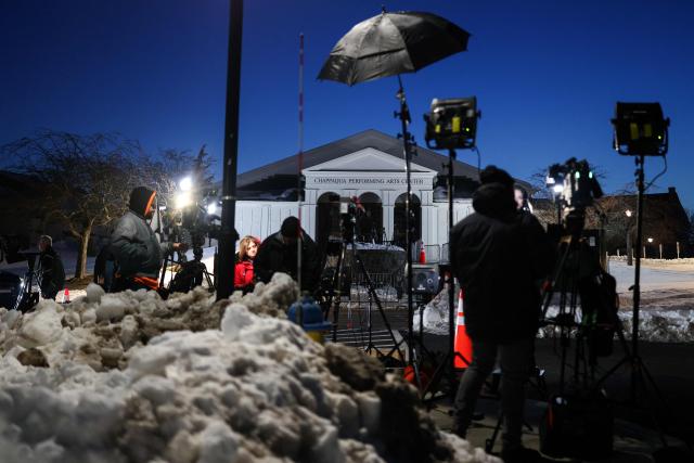 Television crews set up in front of The Chappaqua Performing Arts Center in Chappaqua, New York on February 26, 2026, ahead of the depositions of Hillary and Bill Clinton. Former US secretary of state Hillary Clinton is to testify behind closed doors before a congressional committee investigating the late convicted sex offender Jeffrey Epstein and his accomplice Ghislaine Maxwell. (Photo by CHARLY TRIBALLEAU / AFP)