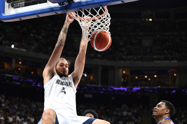 Tyrrel Harrison of New Zealand scores during the 2027 FIBA Basketball World Cup Asian qualifier first round group A match between Philippines and New Zealand at the Mall of Asia Arena in Pasay city, Metro manila on February 26, 2026. (Photo by Ted ALJIBE / AFP)