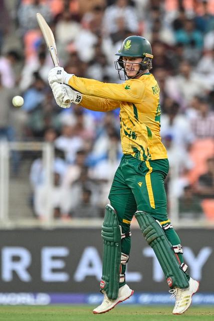 South Africa's Ryan Rickelton plays a shot during the 2026 ICC Men's T20 Cricket World Cup Super Eights match between West Indies and South Africa at Narendra Modi Stadium in Ahmedabad on February 26, 2026. (Photo by Shammi MEHRA / AFP)
