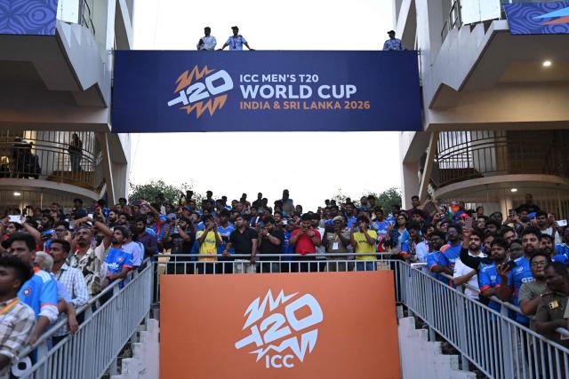 India's fans watch from the stands during the 2026 ICC Men's T20 Cricket World Cup Super Eights match between India and Zimbabwe at the MA Chidambaram Stadium in Chennai on February 26, 2026. (Photo by R. Satish BABU / AFP)