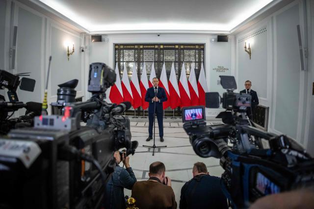 Poland's President Karol Nawrocki speaks during a press conference following a session of the parliament, where the Polish Minister of Foreign Afairs presented the main points of the Polish government's foreign policy in Warsaw on February 26, 2026. (Photo by Wojtek RADWANSKI / AFP)