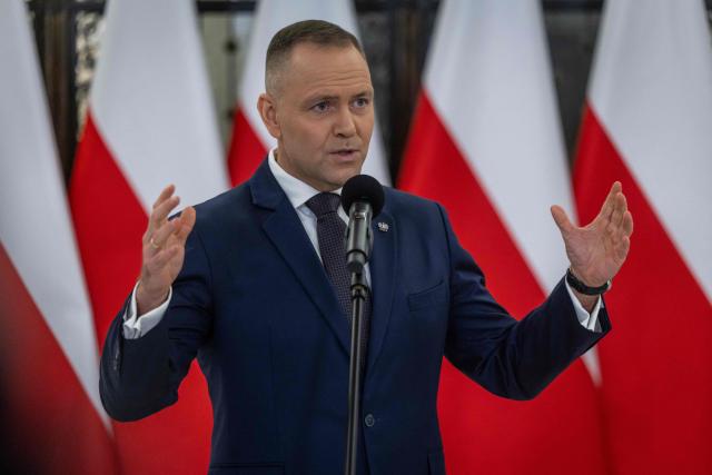 Poland's President Karol Nawrocki speaks during a press conference following a session of the parliament, where the Polish Minister of Foreign Afairs presented the main points of the Polish government's foreign policy in Warsaw on February 26, 2026. (Photo by Wojtek RADWANSKI / AFP)