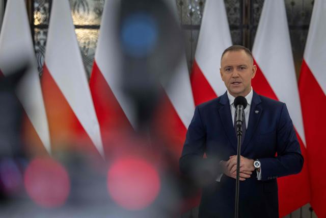 Poland's President Karol Nawrocki speaks during a press conference following a session of the parliament, where the Polish Minister of Foreign Afairs presented the main points of the Polish government's foreign policy in Warsaw on February 26, 2026. (Photo by Wojtek RADWANSKI / AFP)