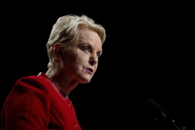(FILES) Cindy McCain, widow of US Senator John McCain, speaks before US President Joe Biden delivers remarks on democracy, while honoring the senator's legacy, at the Tempe Center for the Arts in Tempe, Arizona, on September 28, 2023. The head of the Rome-based UN World Food Programme, Cindy McCain, said on February 26, 2026 she would be stepping down in three months' time because of poor health. McCain, the WFP's Executive Director, had suffered a mild stroke in October 2025 and returned to work last month. (Photo by Jim WATSON / AFP)