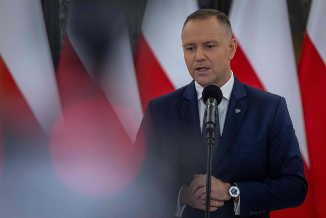Poland's President Karol Nawrocki speaks during a press conference following a session of the parliament, where the Polish Minister of Foreign Afairs presented the main points of the Polish government's foreign policy in Warsaw on February 26, 2026. (Photo by Wojtek RADWANSKI / AFP)
