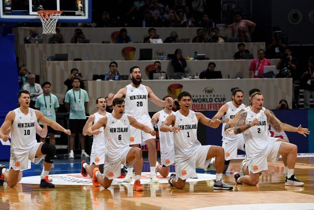 New Zealand players perform the traditional Haka dance before the start of the 2027 FIBA Basketball World Cup Asian qualifier first round group A match against the Philippines at the Mall of Asia Arena in Pasay City, Metro Manila on February 26, 2026. (Photo by Ted ALJIBE / AFP)