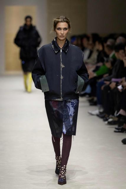 US model Bella Hadid presents a creation of the Prada collection during the Milan Fashion Week Womens-Mens collection Fall-Winter 2026-2027, in Milan on February 26, 2026. (Photo by MIGUEL MEDINA / AFP)