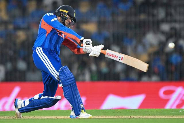 India’s Abhishek Sharma plays a shot during the 2026 ICC Men's T20 Cricket World Cup Super Eights match between India and Zimbabwe at the MA Chidambaram Stadium in Chennai on February 26, 2026. (Photo by Sajjad HUSSAIN / AFP)